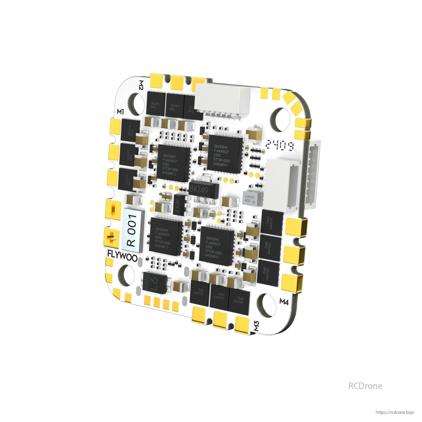 Flywoo GOKU GN745 V3 45A AIO Flight Controller, Flywoo GOKU GN745 V3 AIO flight controller board with motor pads (M1–M4), gold solder pads and plug connectors