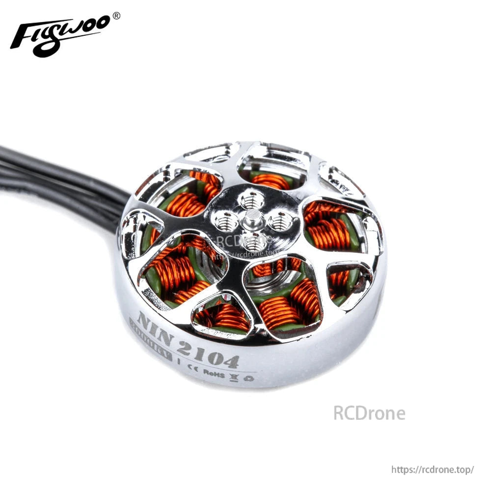 Flywoo NIN 2104 Ultralight FPV Motor, Flywoo NIN 2104 FPV brushless motor with silver open-bell top, exposed copper windings, and three-wire lead