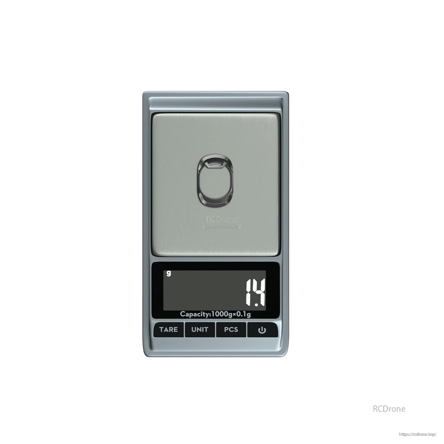 Compact digital pocket scale with stainless platform, LCD display, and TARE/UNIT/PCS buttons (1000g x 0.1g).