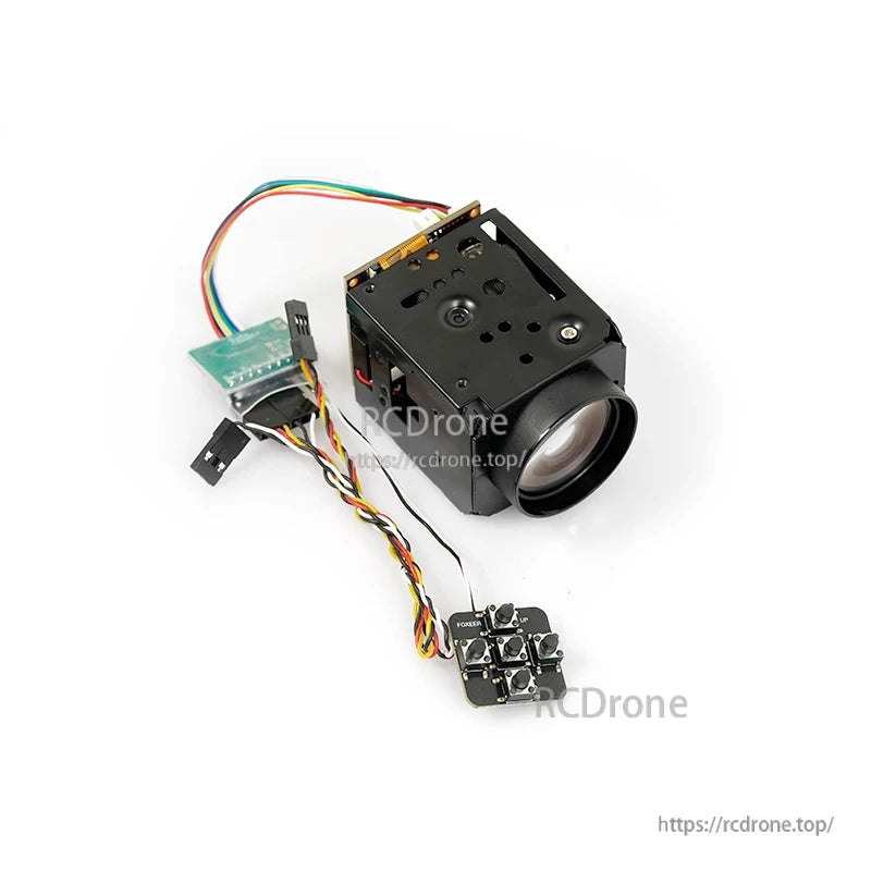 Foxeer 10X zoom FPV camera module with large lens, wired harness, and small control button board