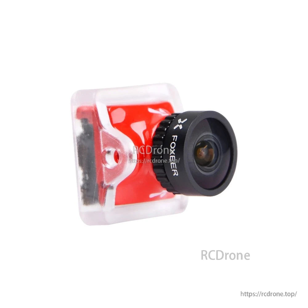 Foxeer 14mm Nano to 19mm Micro Bracket, Foxeer FPV camera mounted in a red bracket adapter for fitting a nano camera into a micro-size frame