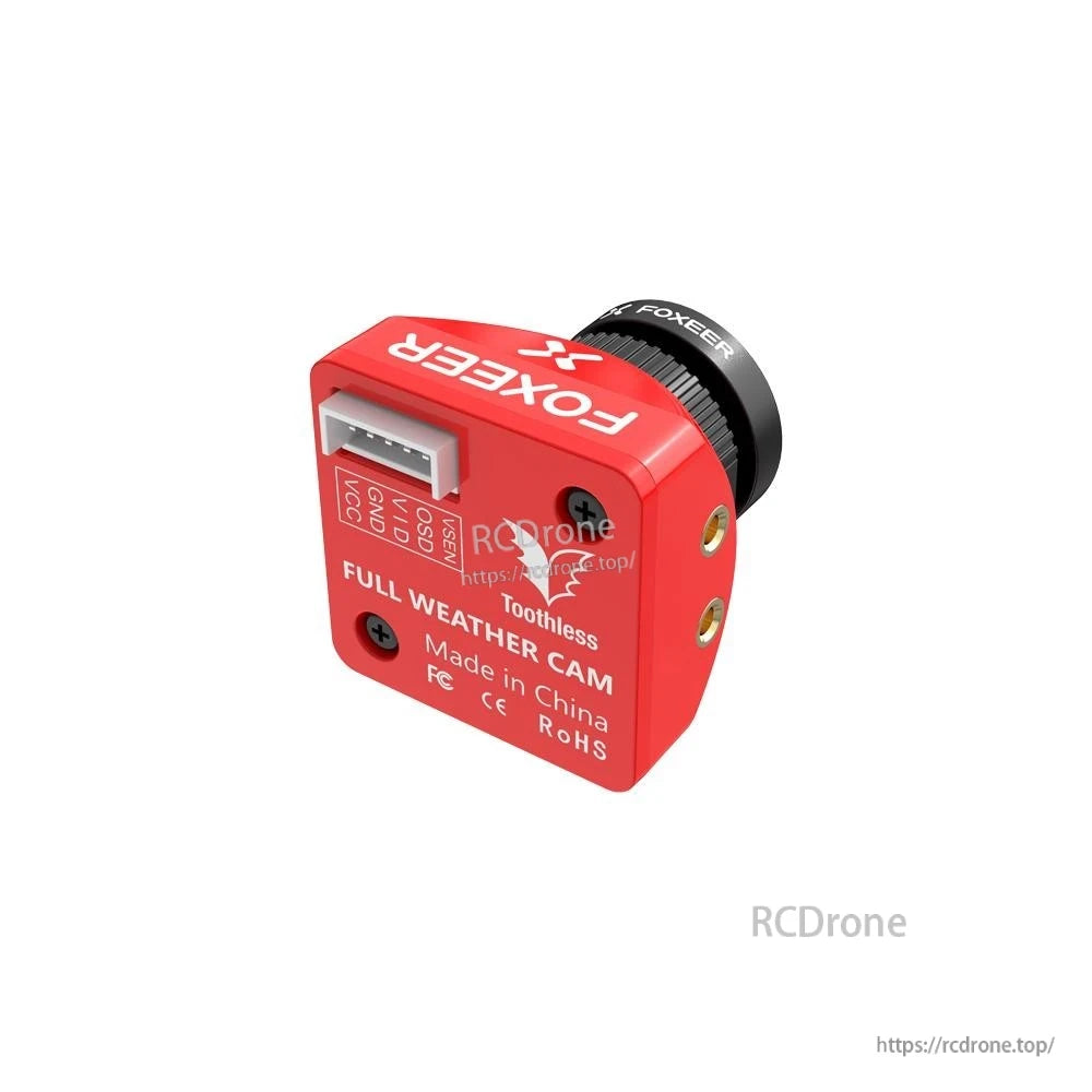 Foxeer Mini Toothless 2 FPV Camera, Foxeer Toothless mini FPV camera in red housing with lens and 5-pin connector labeled VCC, GND, VID, OSD