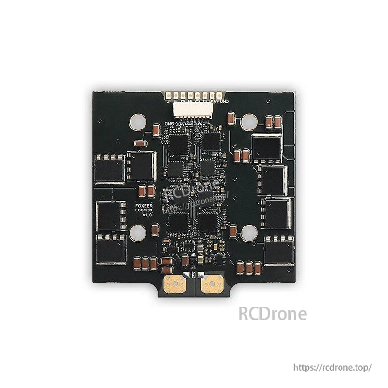 Foxeer Reaper 82A F4 128K BLHeli32 4-in-1 ESC, Top view of Foxeer Reaper 4-in-1 BLHeli32 ESC board with central connector and motor solder pads