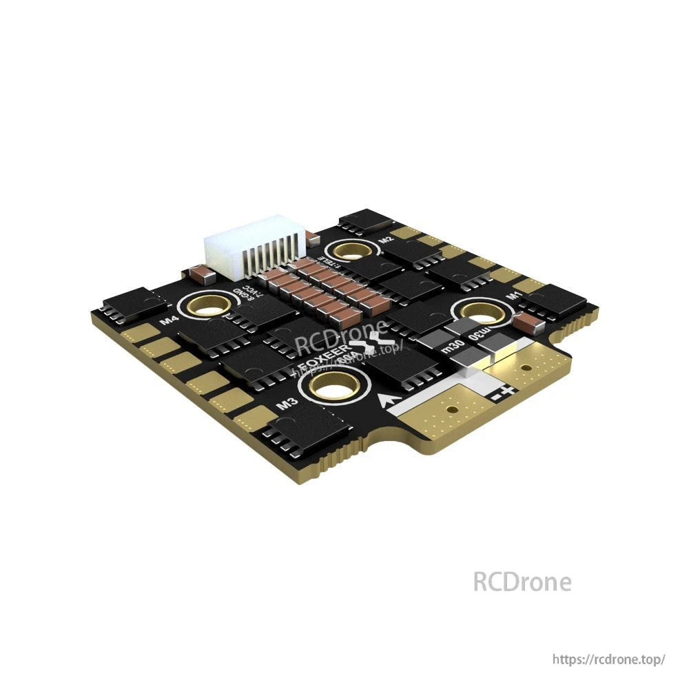 Foxeer Reaper F4 Mini 4-in-1 ESC board with M1–M4 motor pads, power +/- pads, and 4 mounting holes