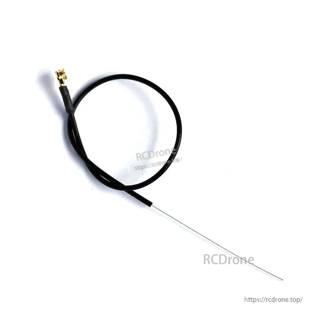 Gold micro RF connector on black coax cable with straight antenna element (receiver antenna lead)