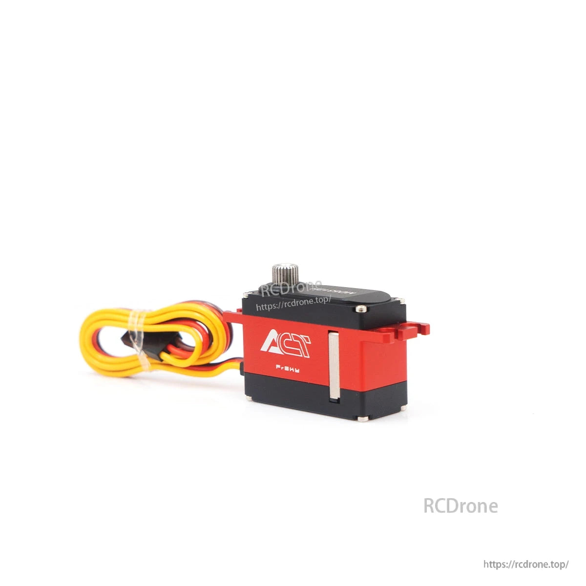 Rear angled view of FrSky ACT servo showing red aluminum housing, black end cap, and three-wire lead