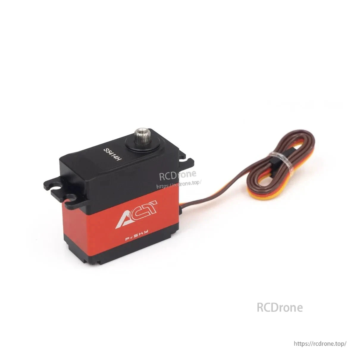ACT servo angled top view showing output spline and mounting tabs with coiled lead wire