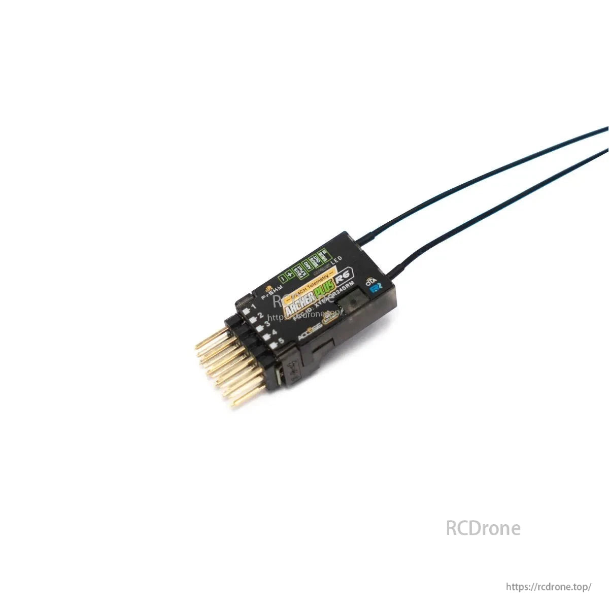Angled view of FrSky Archer Plus R6 receiver highlighting dual antennas and compact case with PWM pins