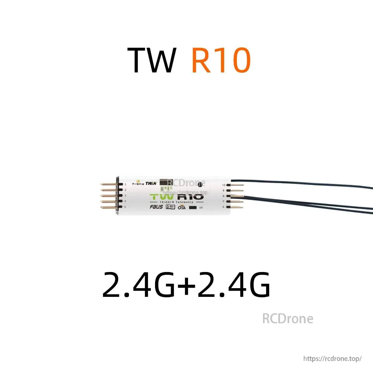 TW R10 receiver promotional graphic with 2.4G+2.4G text and RCdrone watermark
