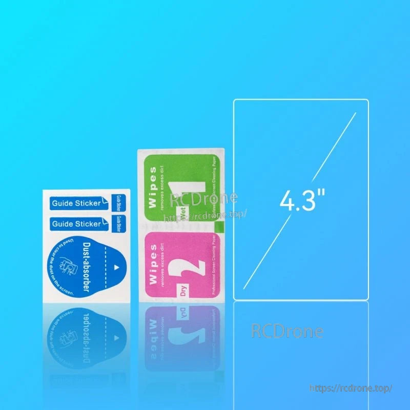 FrSky 4.3-inch tempered glass screen protector kit layout with wipes and stickers (RCDRone watermark)