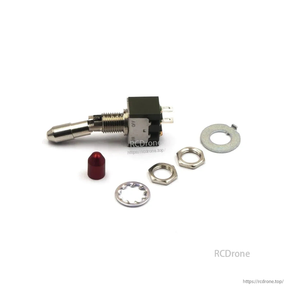 Side view of self-locking toggle switch showing ON/OFF markings, terminals, and included washers and nuts