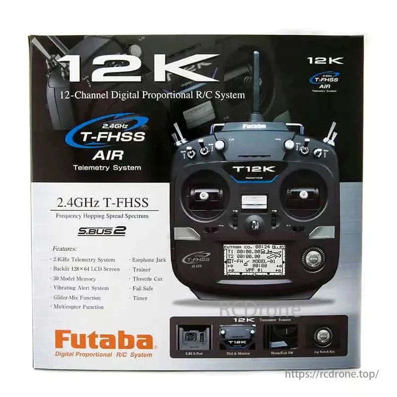 Futaba 12K radio system with 14 channels, S.Bus2, telemetry, LCD screen, 30 model memory, and various features for diverse RC applications.