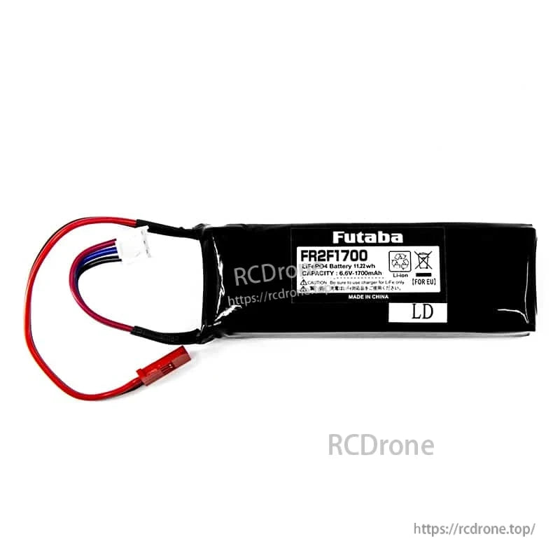 Futaba FR2F1700 battery pack label close-up showing 6.6V 1700mAh specs and warning icons