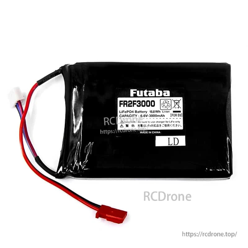 Futaba FR2F3000 label view showing 6.6V 3000mAh marking on black LiFePO4 pack (RCDrone watermark)