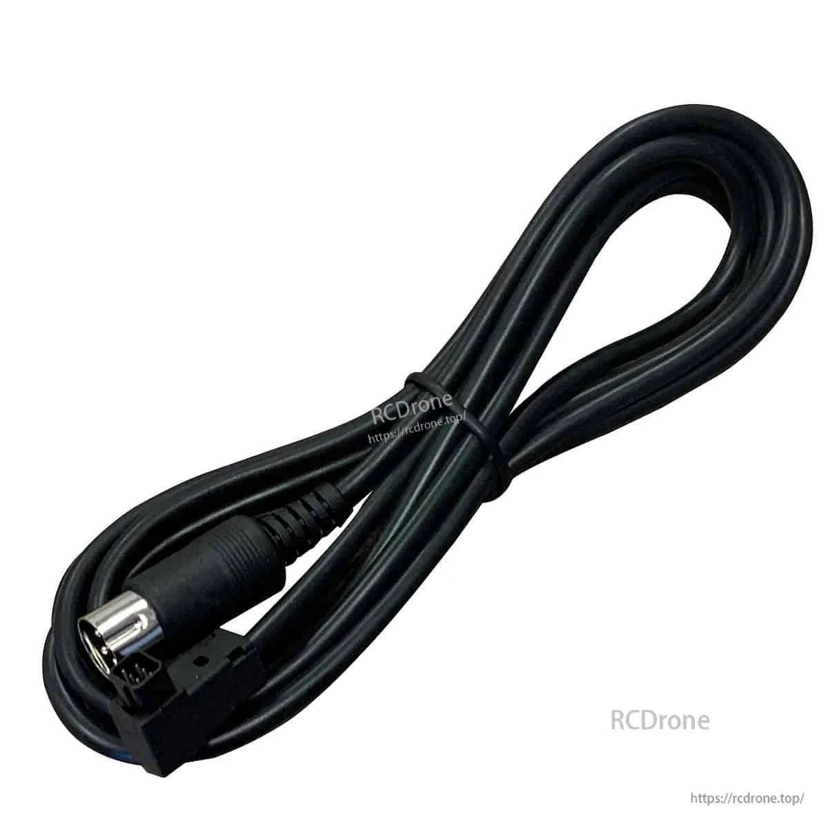 Close-up view of micro-DIN connector end on black trainer cord cable, showing molded strain relief