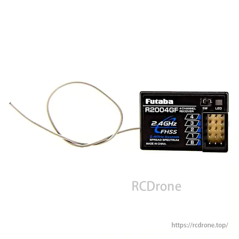 Futaba R2004GF 4-Channel 2.4GHz S-FHSS Receiver, Futaba R2004GF is a 4-channel 2.4GHz S-FHSS receiver for RC cars/trucks, weighing 8g, with antenna and connection ports.