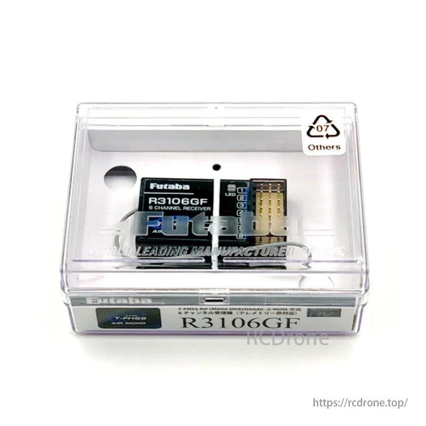 The Futaba R3106GF receiver features high voltage and sensitivity, designed for use with Futaba transmitters, providing precise control and reliable signal reception.