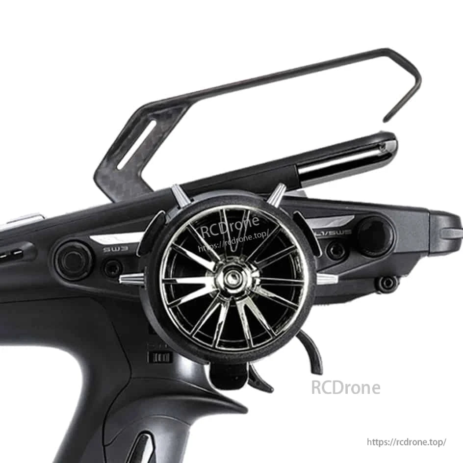 Side view of carbon fiber carry handle installed on Futaba T10PX transmitter above steering wheel