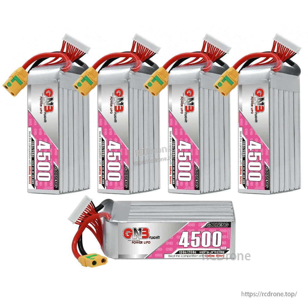 Four upright GNB 4500 batteries plus one horizontal battery shown together, XT90S connectors visible