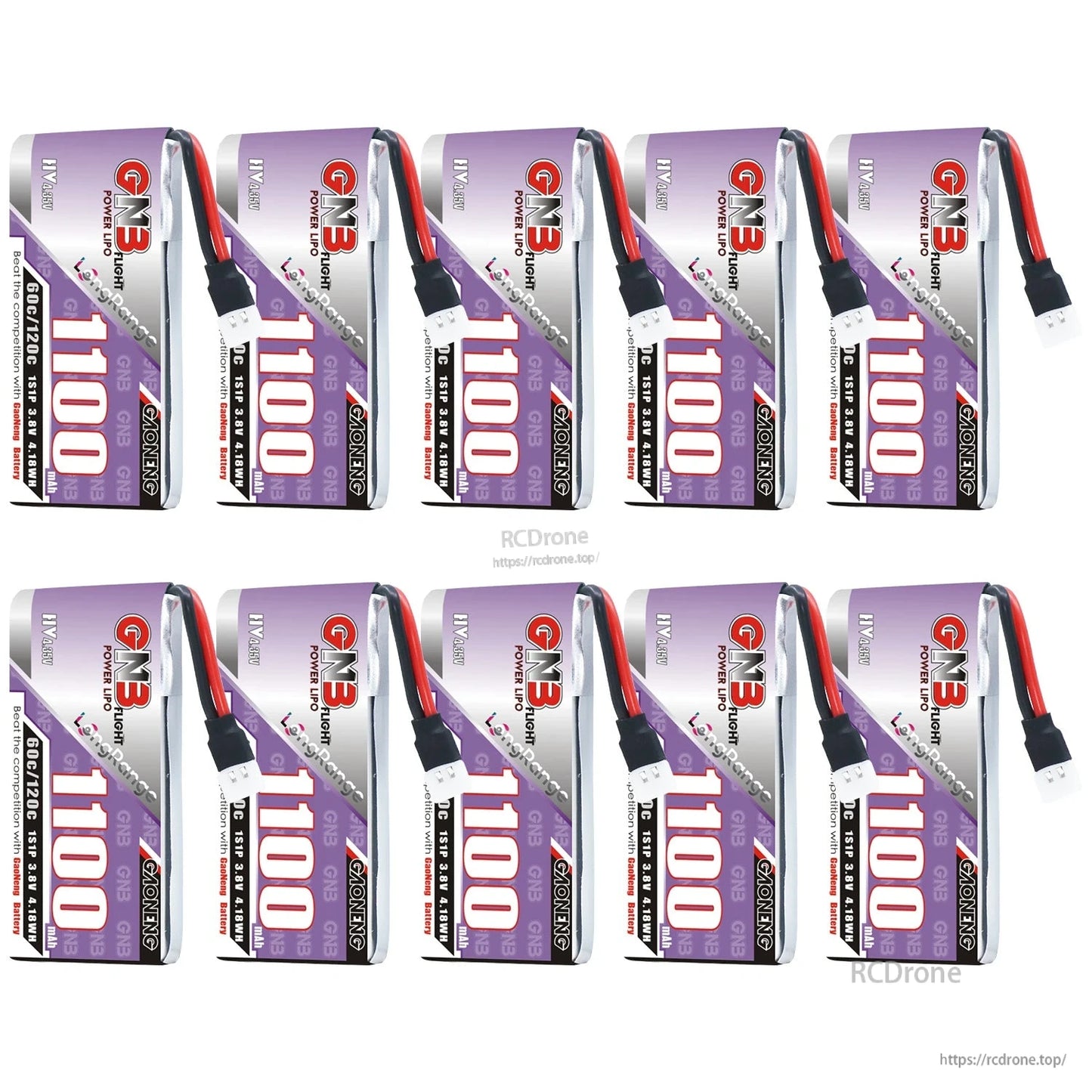 Ten-pack set of GNB 1100mAh 1S HV batteries displayed in two rows on white background