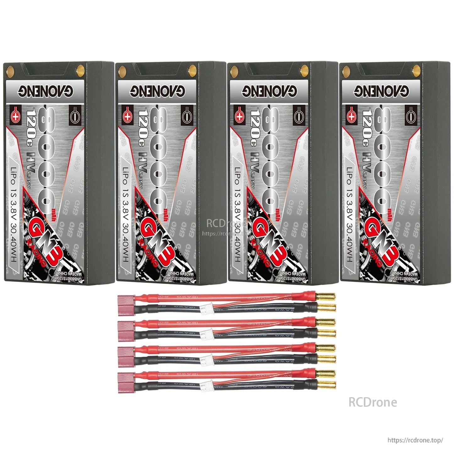 Four-pack bundle with red plug leads: four GNB 8000mAh 1S hard case batteries and four lead sets