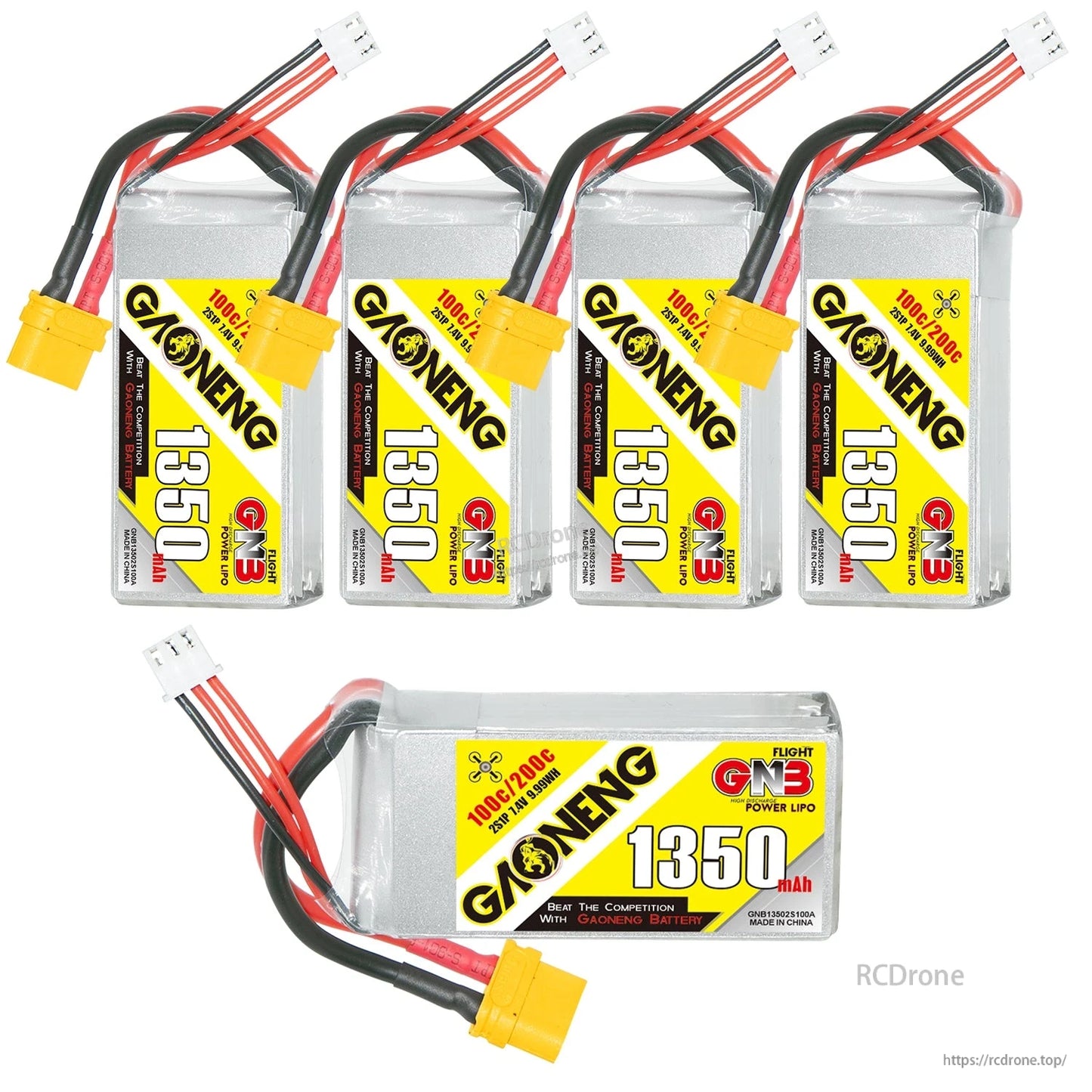 Five GAONENG GNB 1550mAh 2S LiPo batteries shown—four upright plus one horizontal