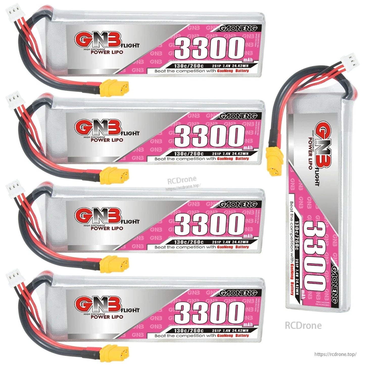 Four 3300mAh GNB LiPo batteries plus one standing upright, showing label and wire routing