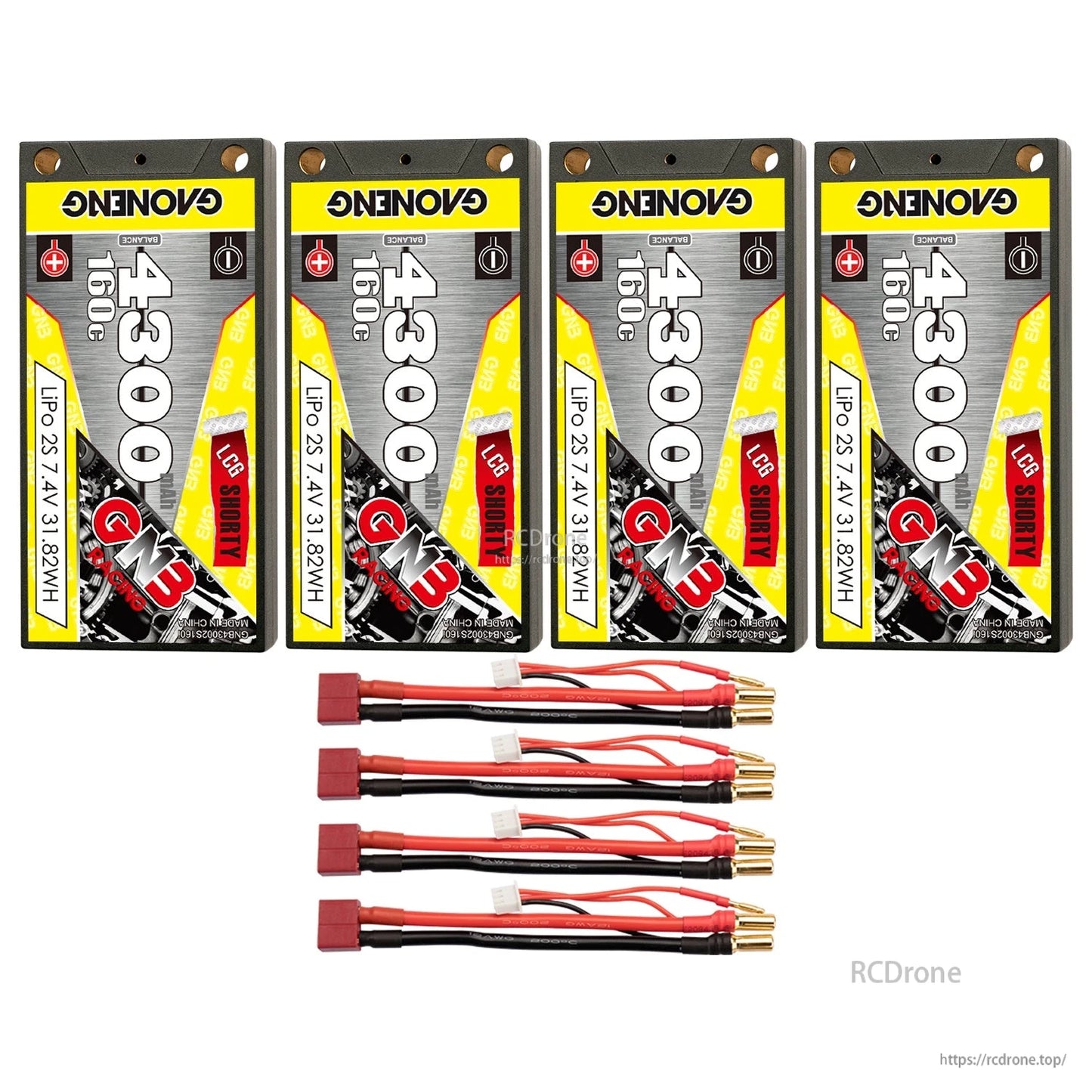 Four-pack bundle of GNB 4300mAh 2S shorty LiPo batteries with Deans-style T-plug leads