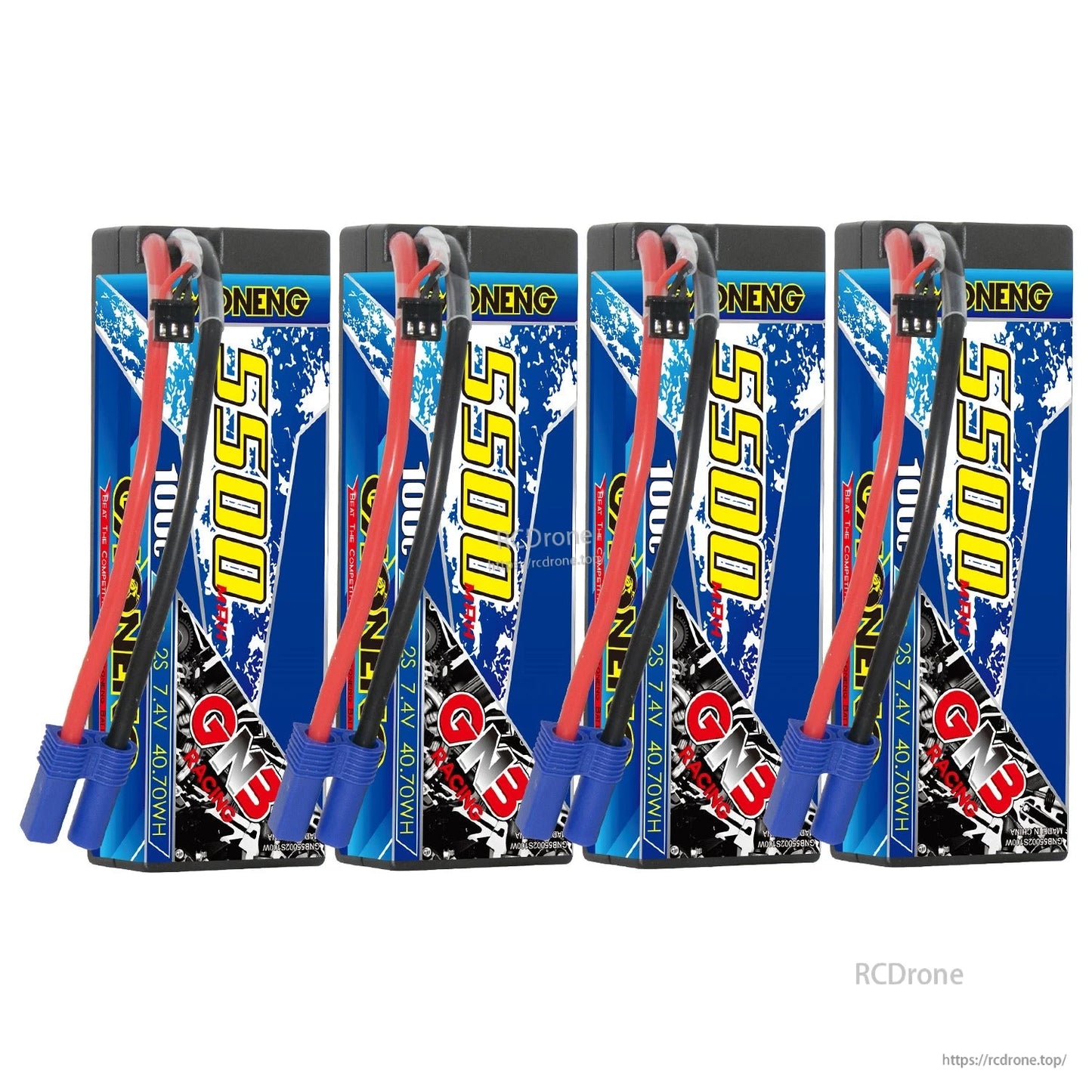 Four GAONENG GNB 5500 hard case batteries lineup with EC5 connectors and balance leads visible