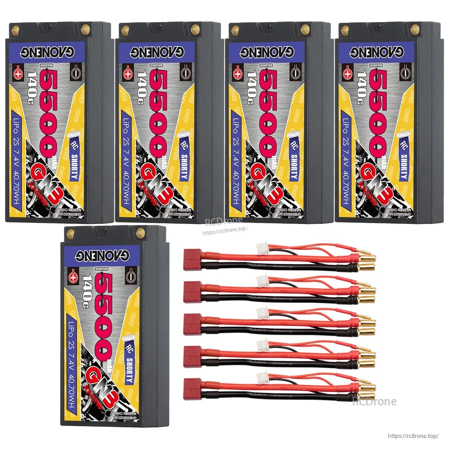 Five GAONENG 2S 5500mAh shorty LiPo hard case batteries with five T-plug (Deans) adapter leads