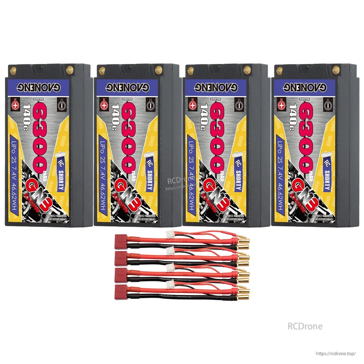 Four GAONENG GNB 6300mAh shorty batteries with four Deans-style plug to 5mm bullet leads