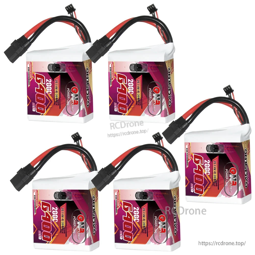 Five GNB 2S 6400mAh 200C LiPo battery packs shown together with XT90 connectors