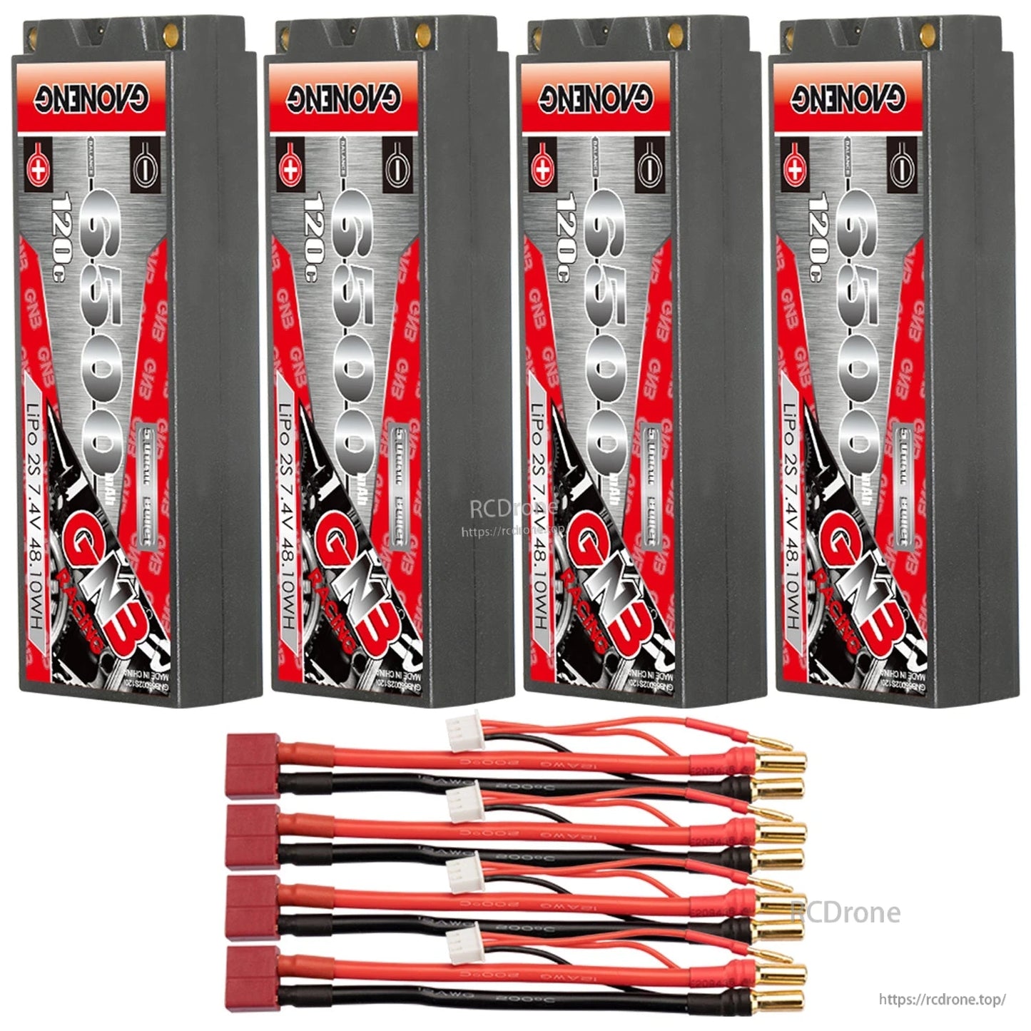 Four-pack GNB 6500mAh 120C hard case LiPo batteries with four red Deans/T-style plug leads