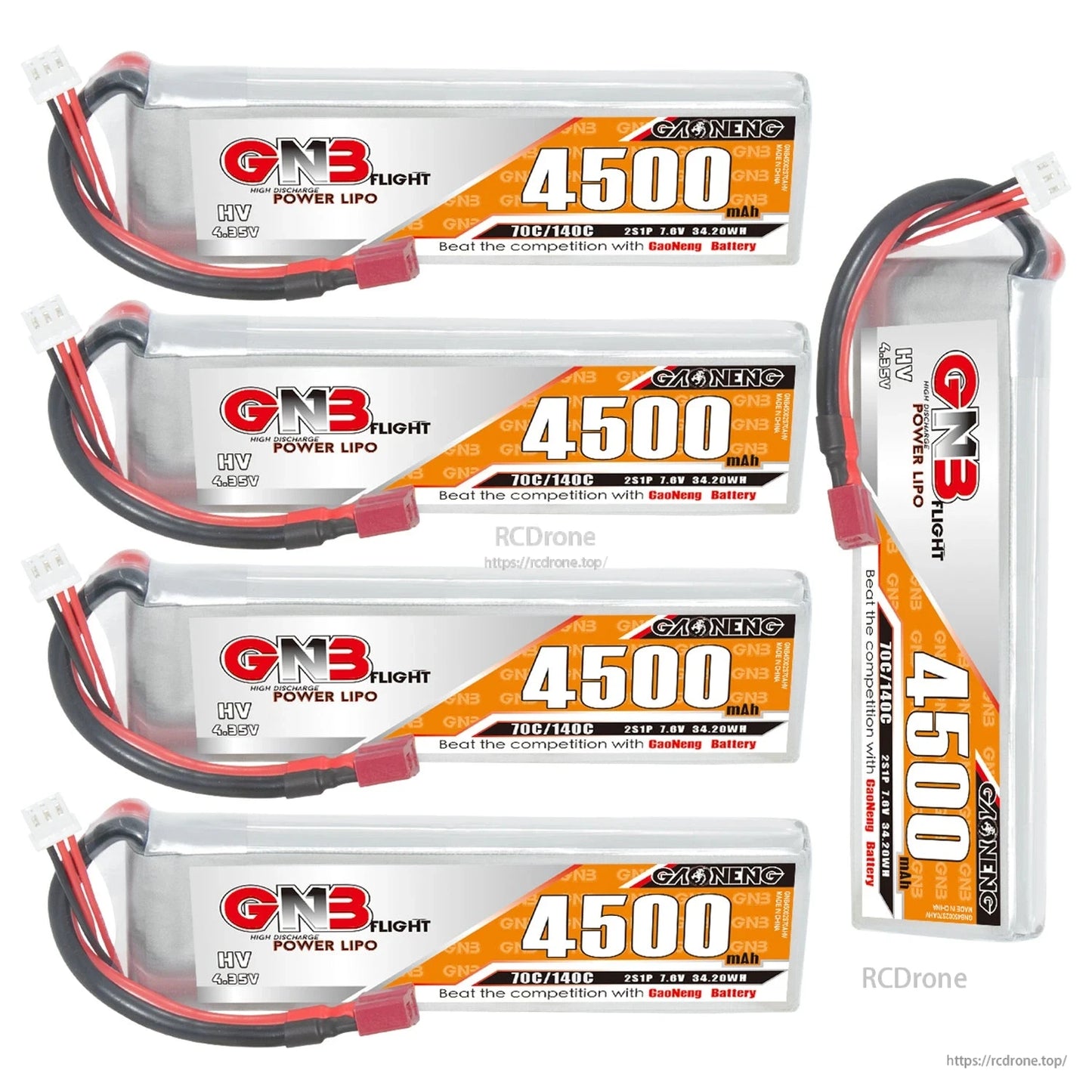 Four horizontal GNB 4500mAh packs plus one vertical pack, showing label and connector placement