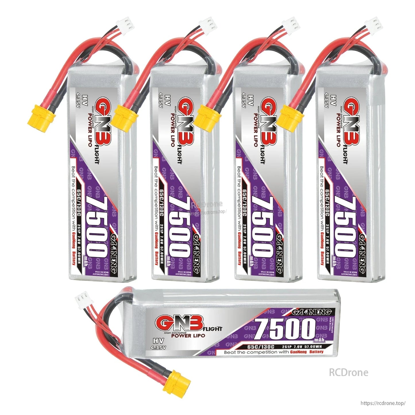 Bundle layout with four vertical GNB 7500 batteries plus one horizontal battery, all with XT60 leads