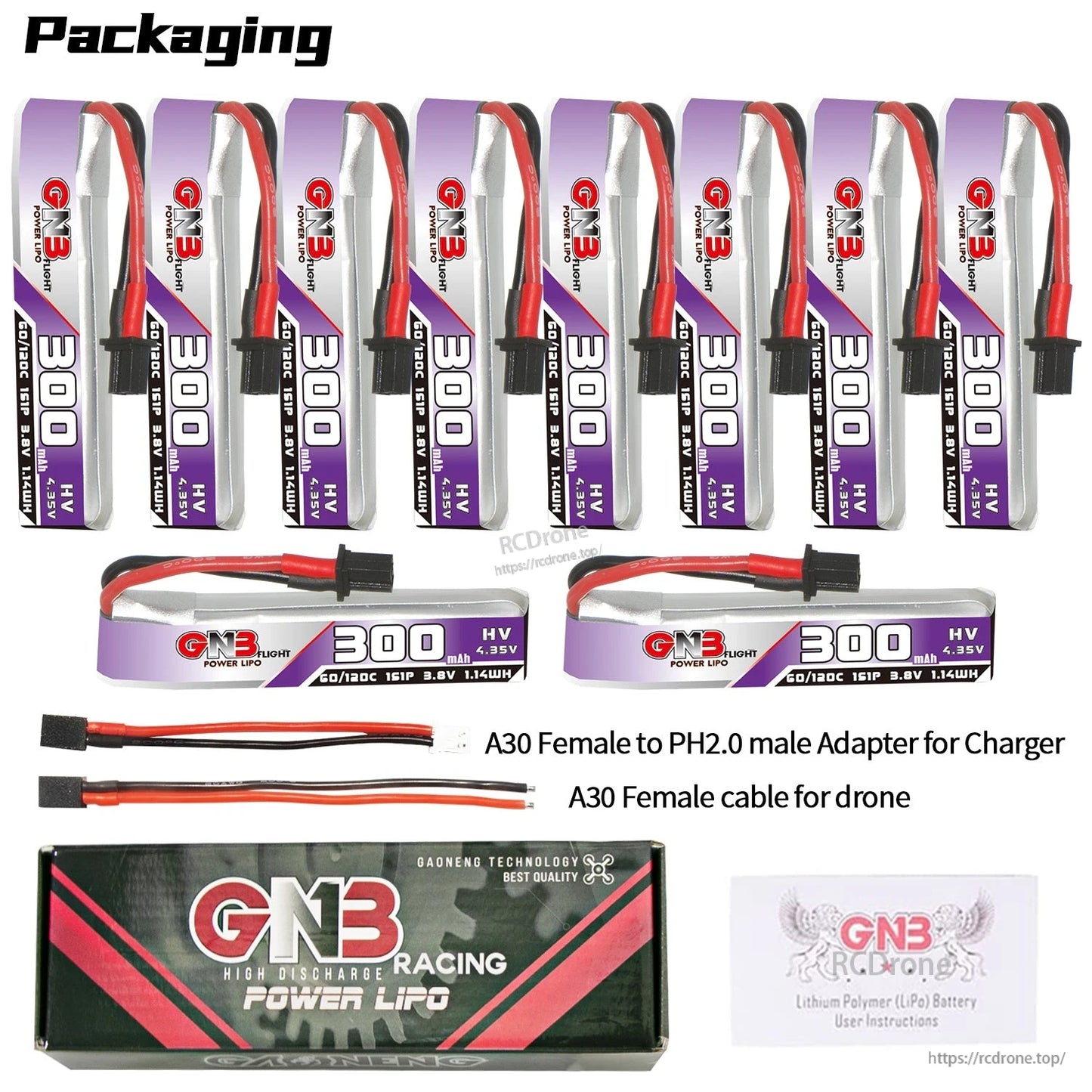 Packaging contents set with ten batteries plus A30 to PH2.0 adapter, A30 pigtail, box and card