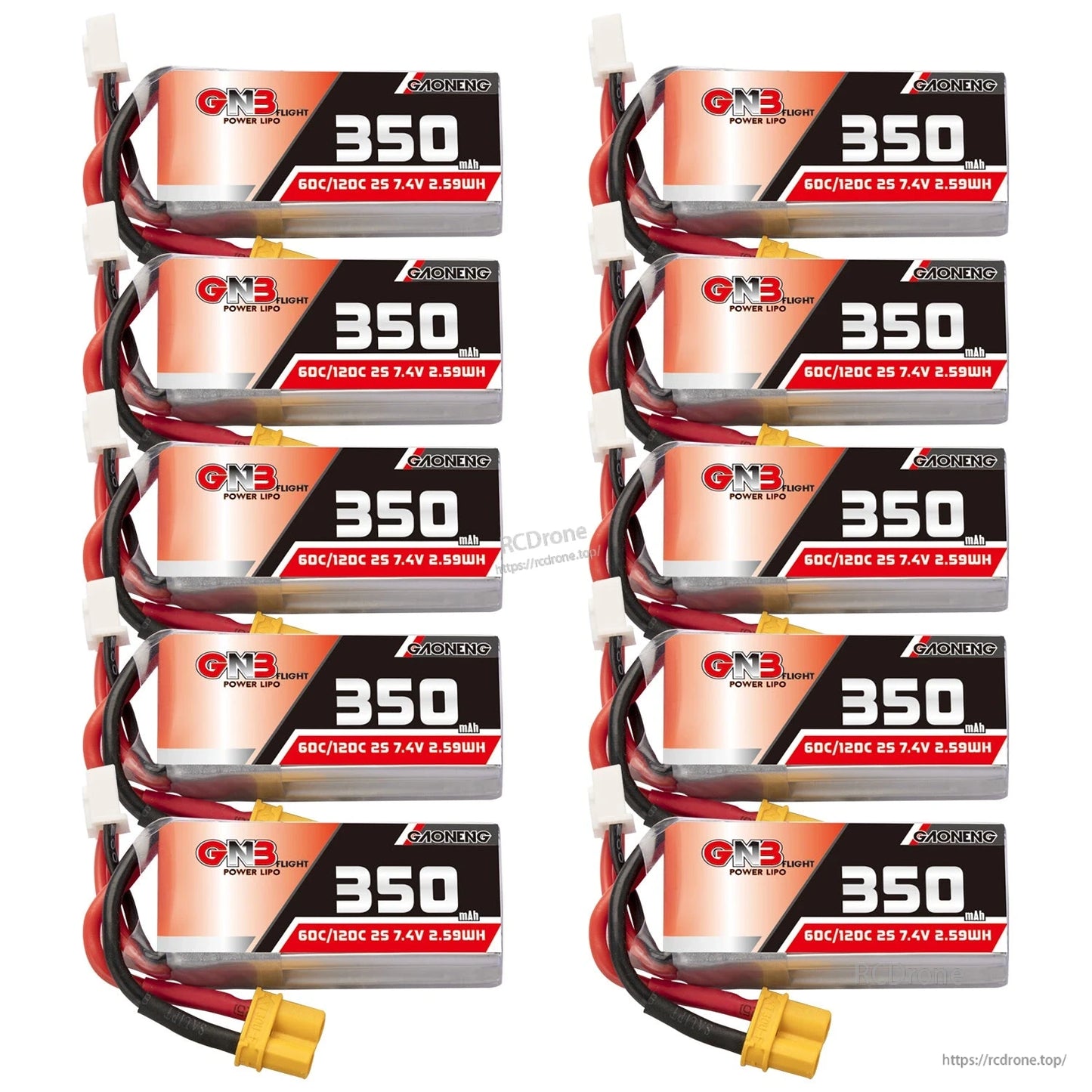 Ten-pack bundle of GNB 350mAh 2S LiPo batteries with yellow XT30 connectors and balance leads