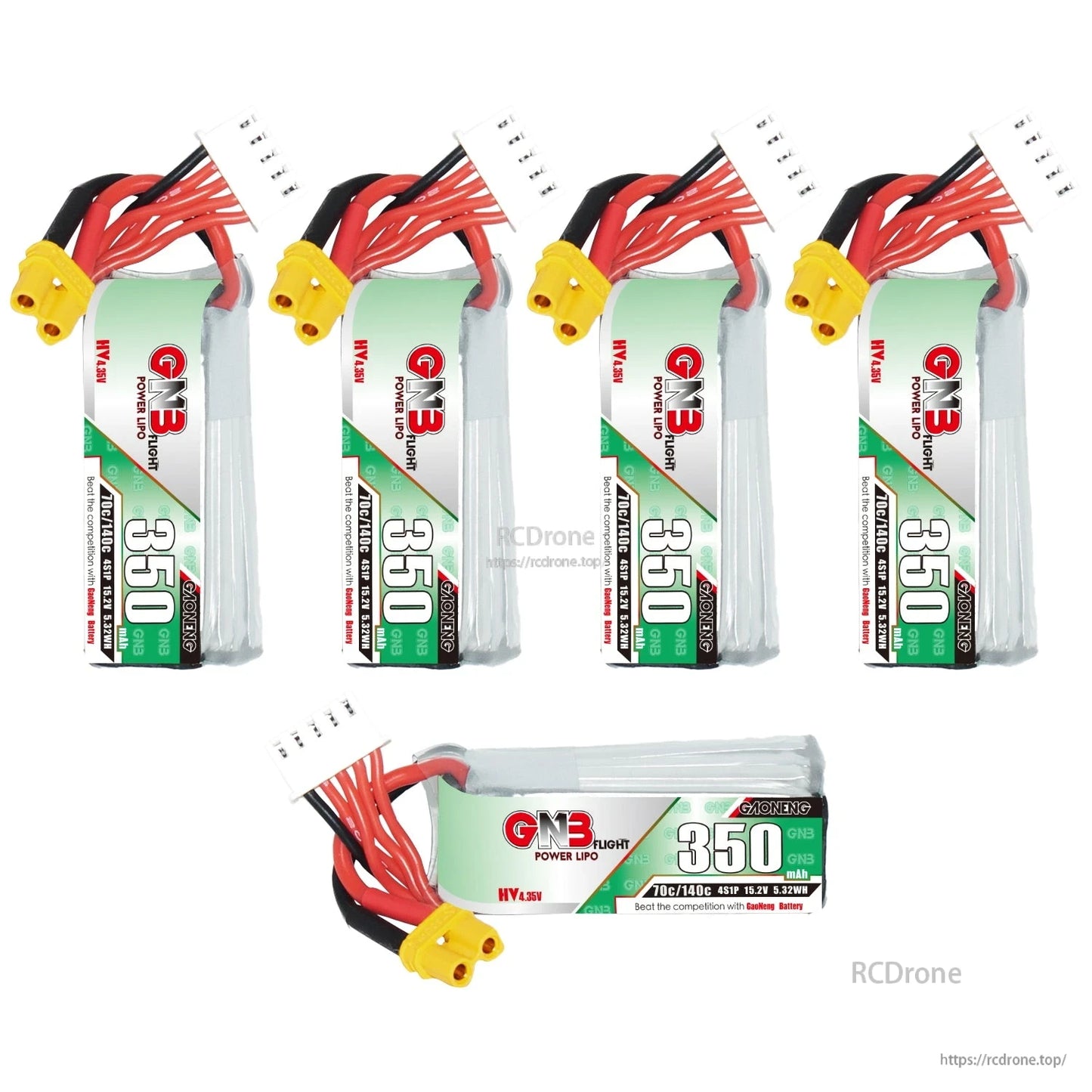Five-piece set layout: four upright GNB 350mAh 4S packs plus one horizontal battery view
