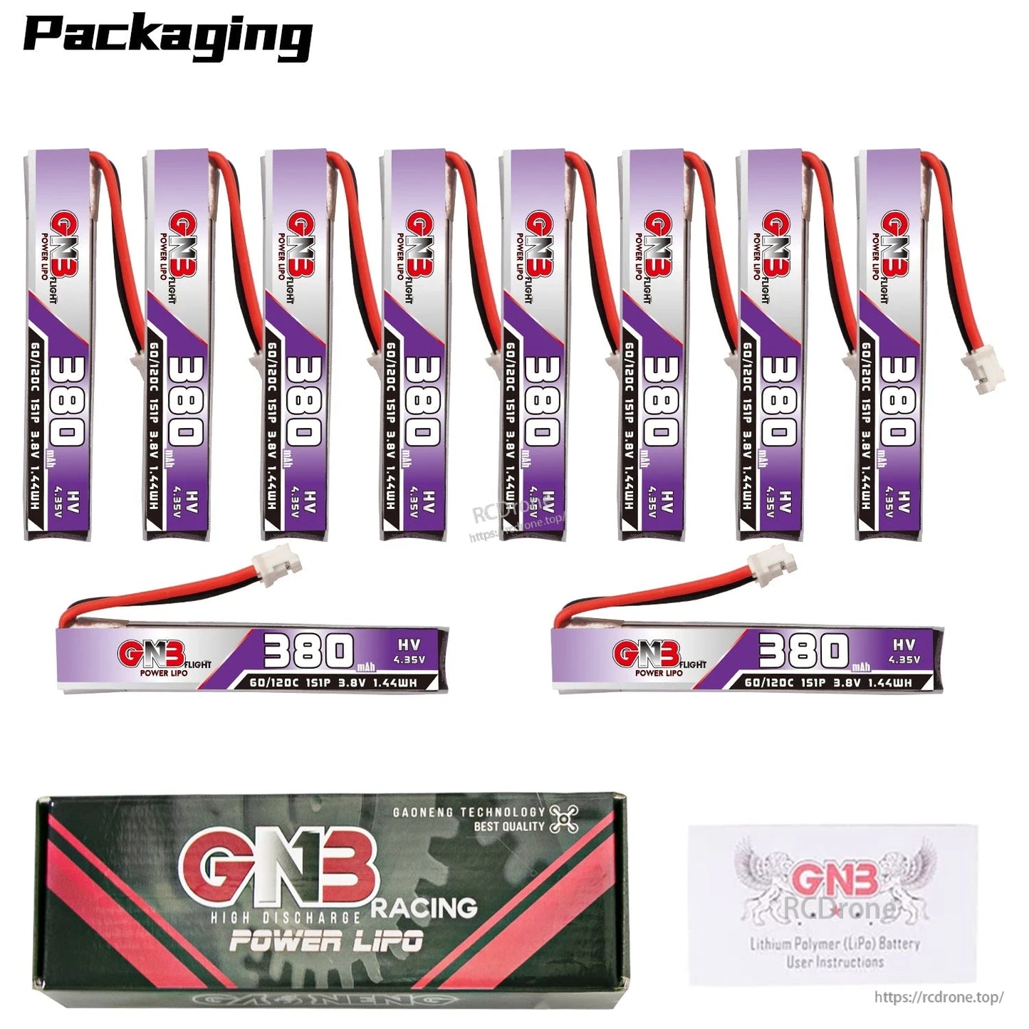Packaging image with 8 batteries, two horizontal battery views, plus GNB Racing Power LiPo box