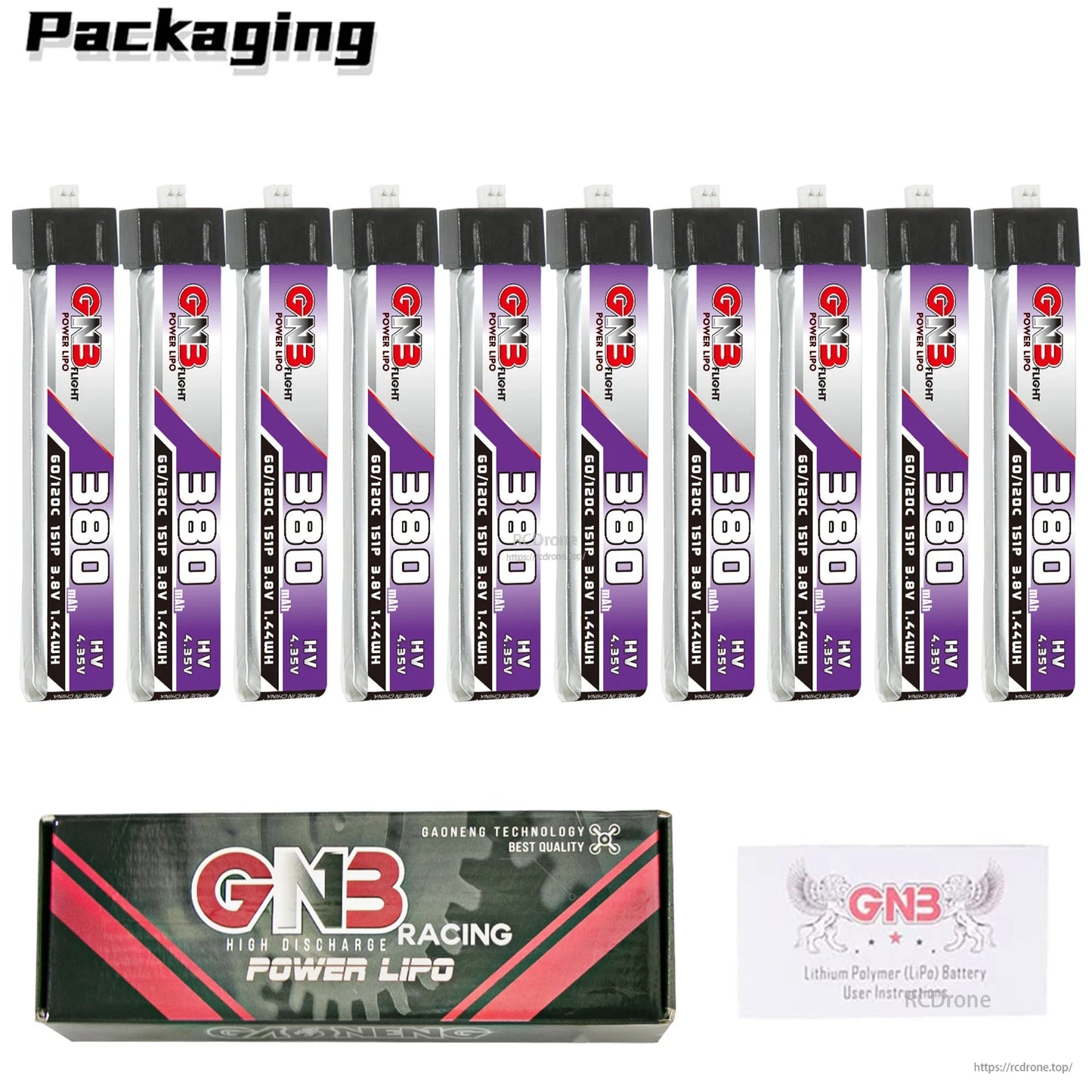 Packaging contents: 10x GNB 380mAh batteries with GNB Racing Power LiPo box and user sheet