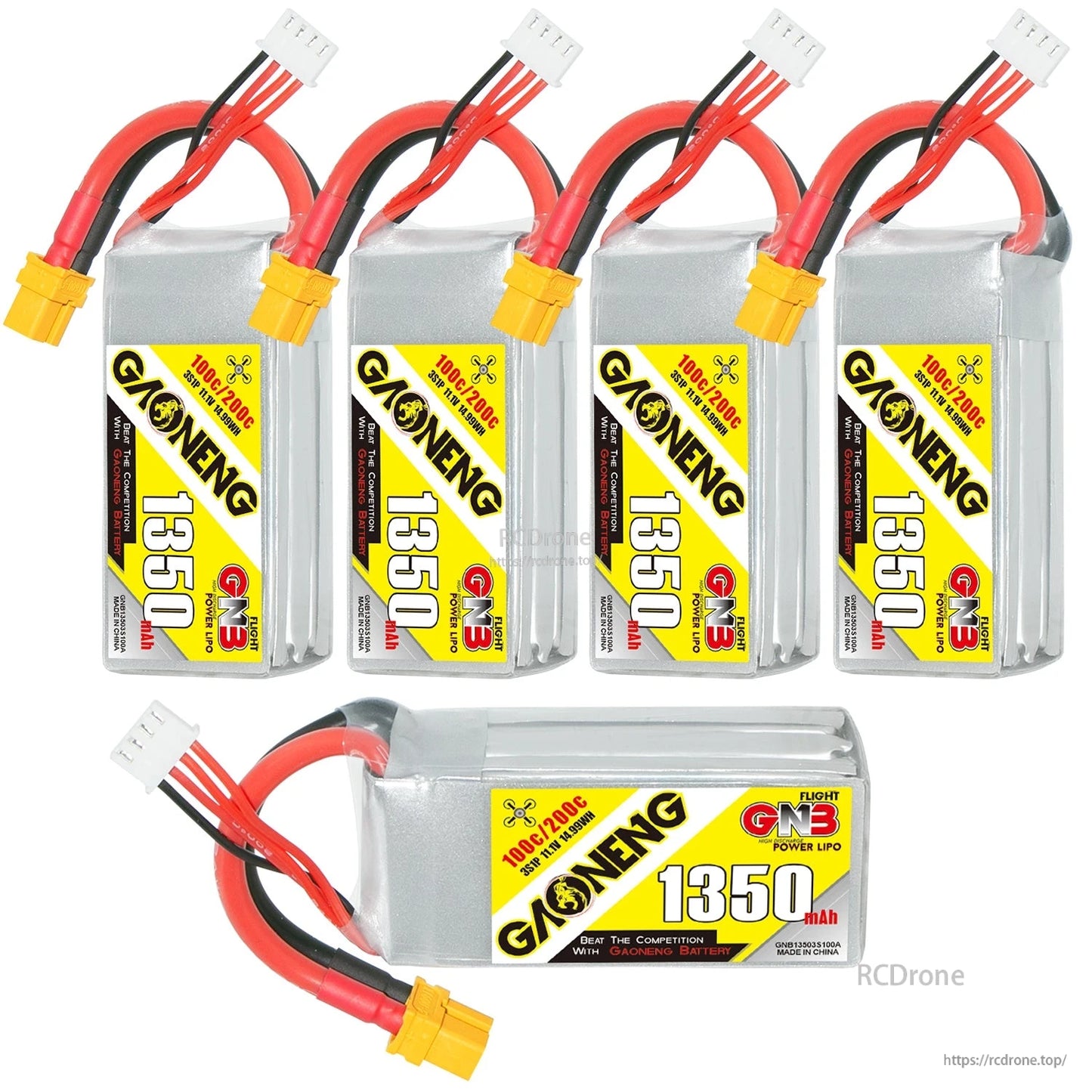 GAONENG GNB 1350mAh 3S LiPo bundle image showing four upright packs plus one side view