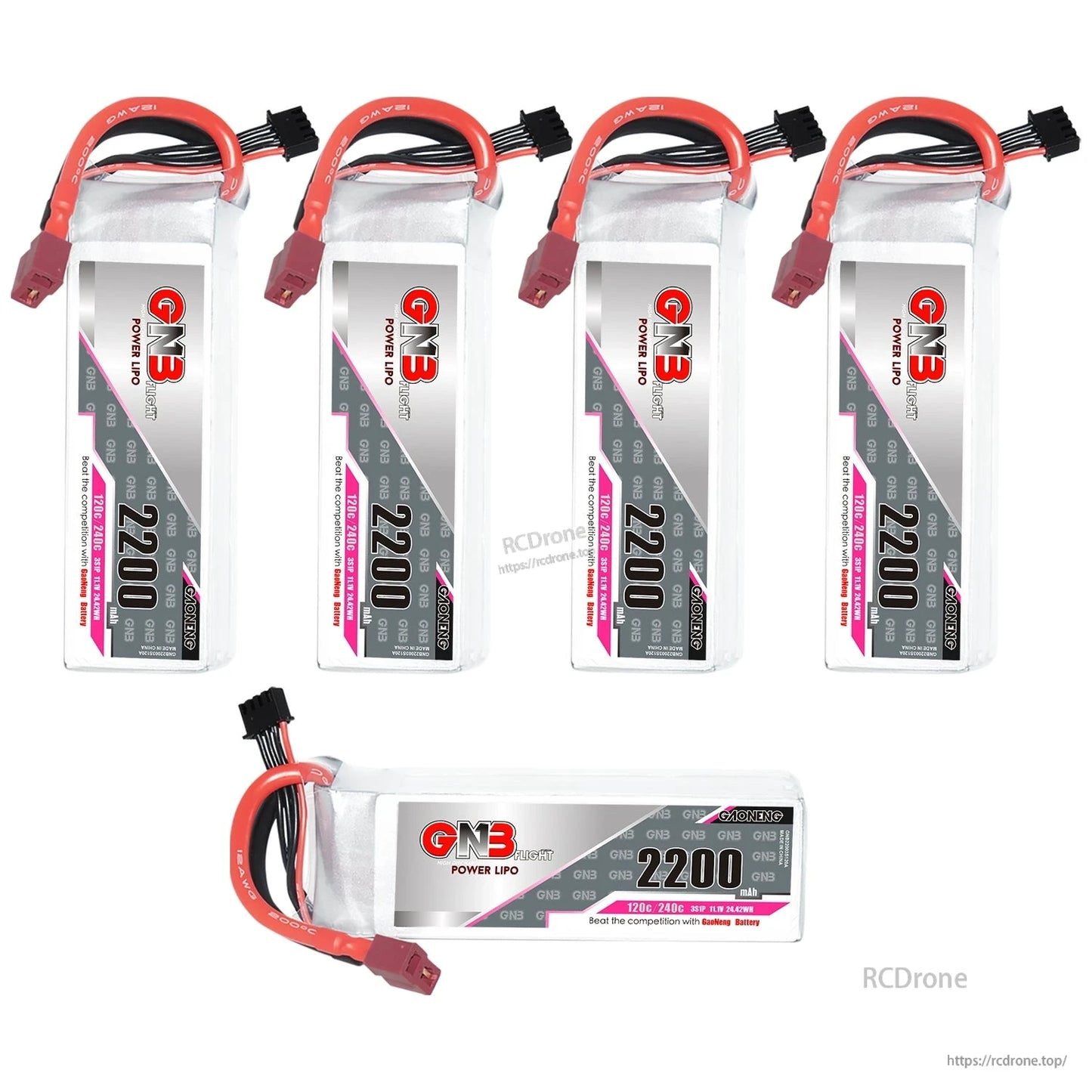 Five GNB 2200mAh 3S LiPo batteries shown in mixed upright and horizontal views