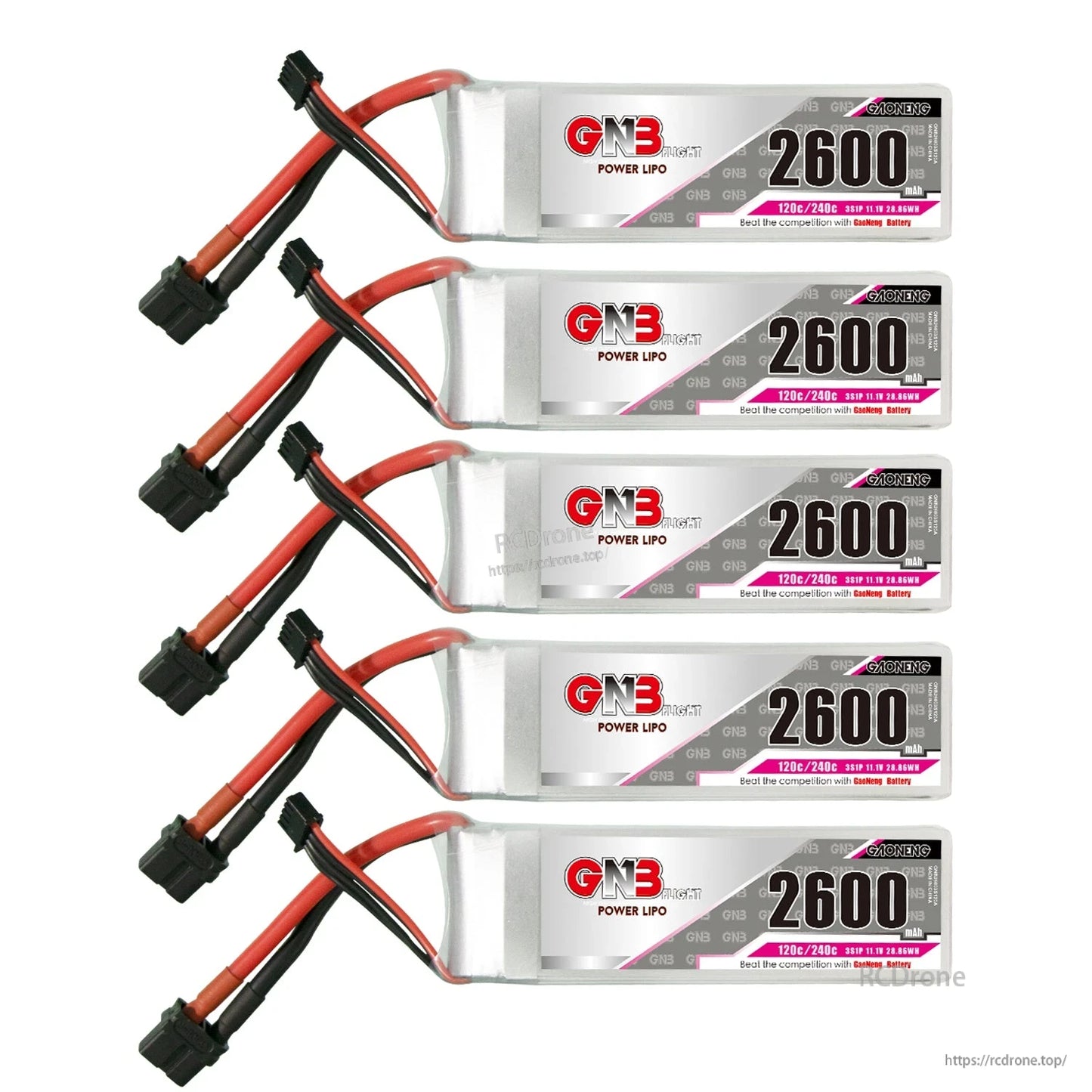 Five GNB Power LiPo batteries stacked horizontally, label view with XT60 connectors