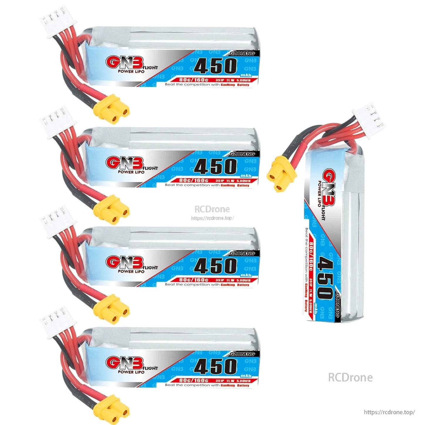 Bundle layout with four horizontal GNB 450mAh batteries plus one vertical side view, XT30 leads shown