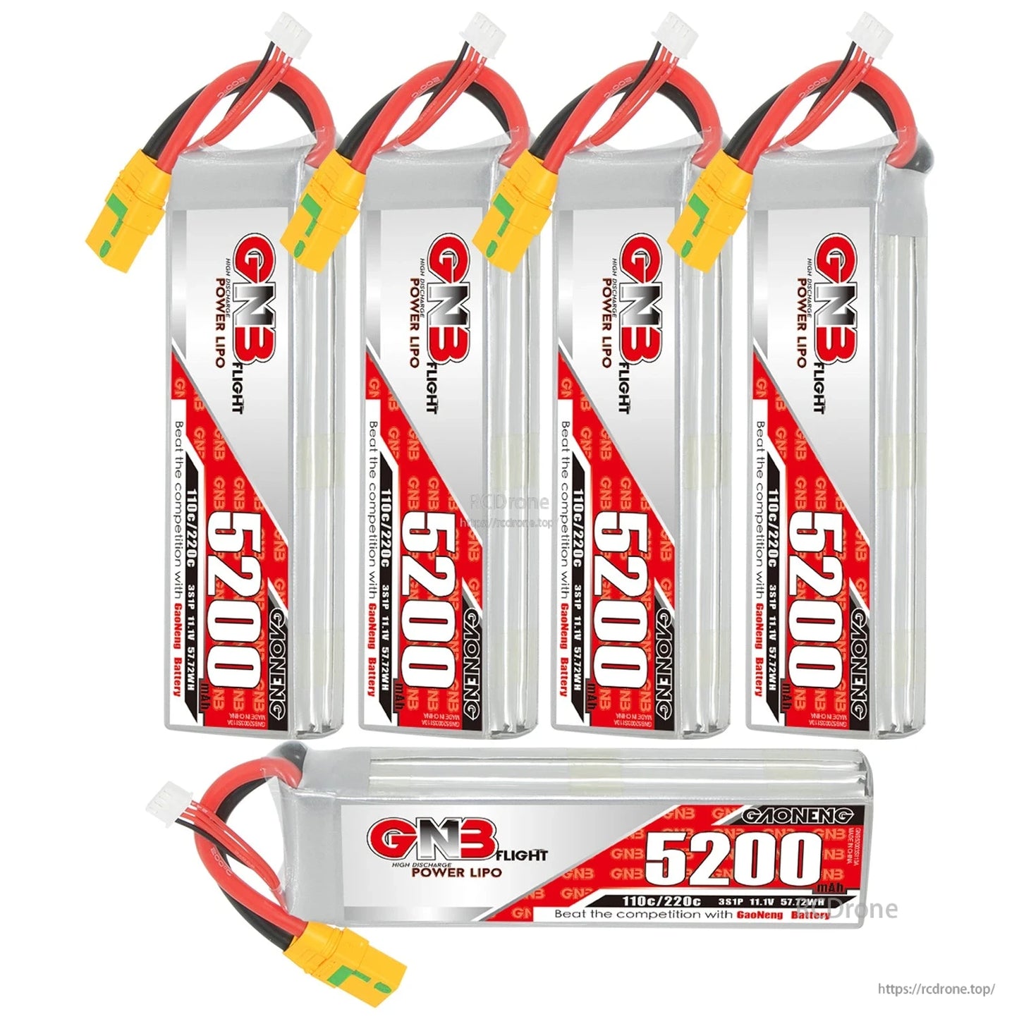 Six GNB 5200 LiPo batteries shown, five upright plus one horizontal, all with XT90S plugs