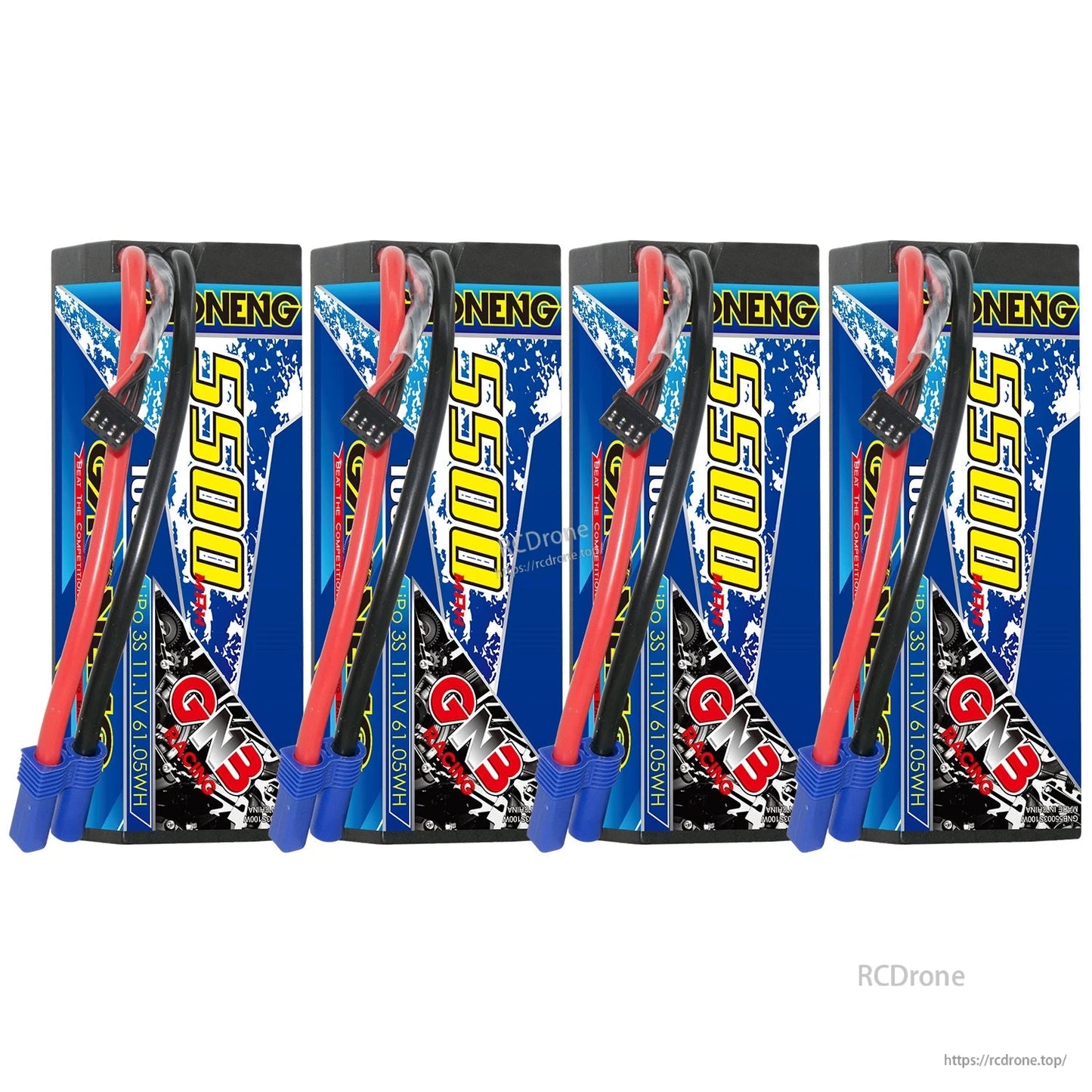 Four GAONENG GNB 5500mAh 3S hard case LiPo batteries with EC5 connectors lined up