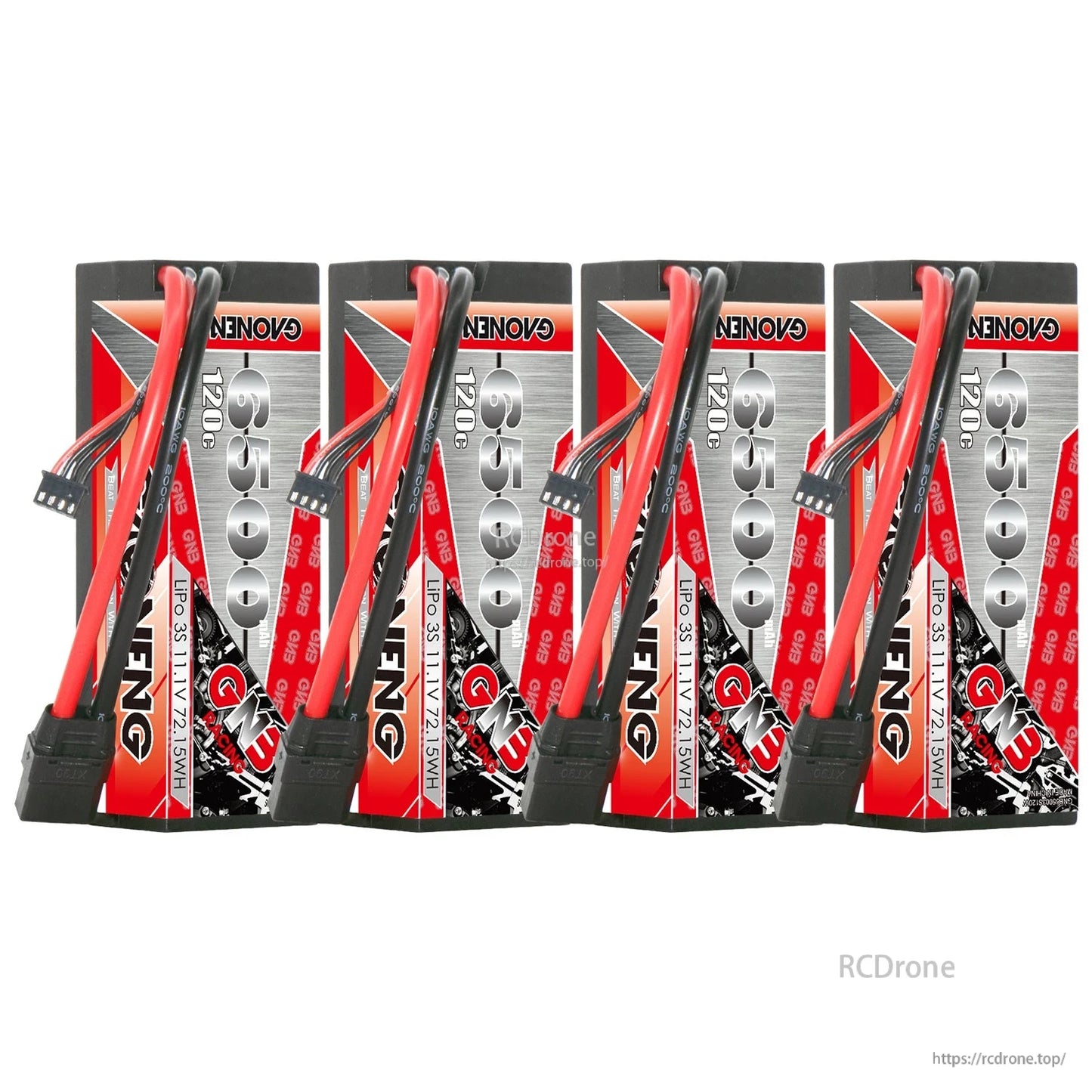 Four GAONENG GNB 6500 hard case LiPo batteries displayed in a row with attached leads