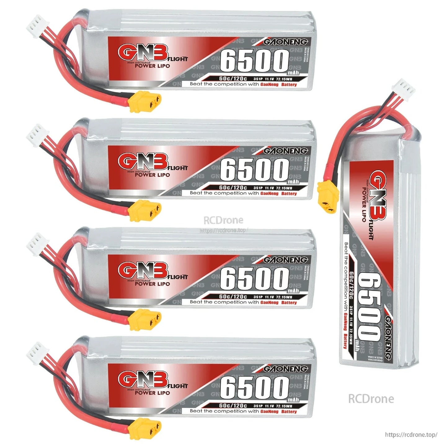 Set display: four horizontal GNB 6500mAh LiPo batteries plus one vertical unit, connectors and leads shown