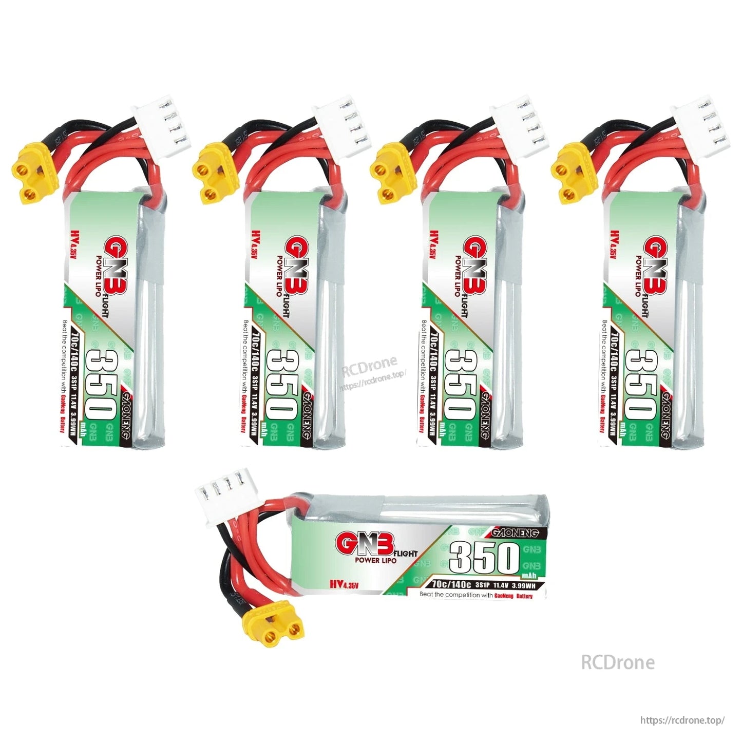 Bundle image showing five GNB 350mAh 3S LiHV batteries, four upright and one horizontal