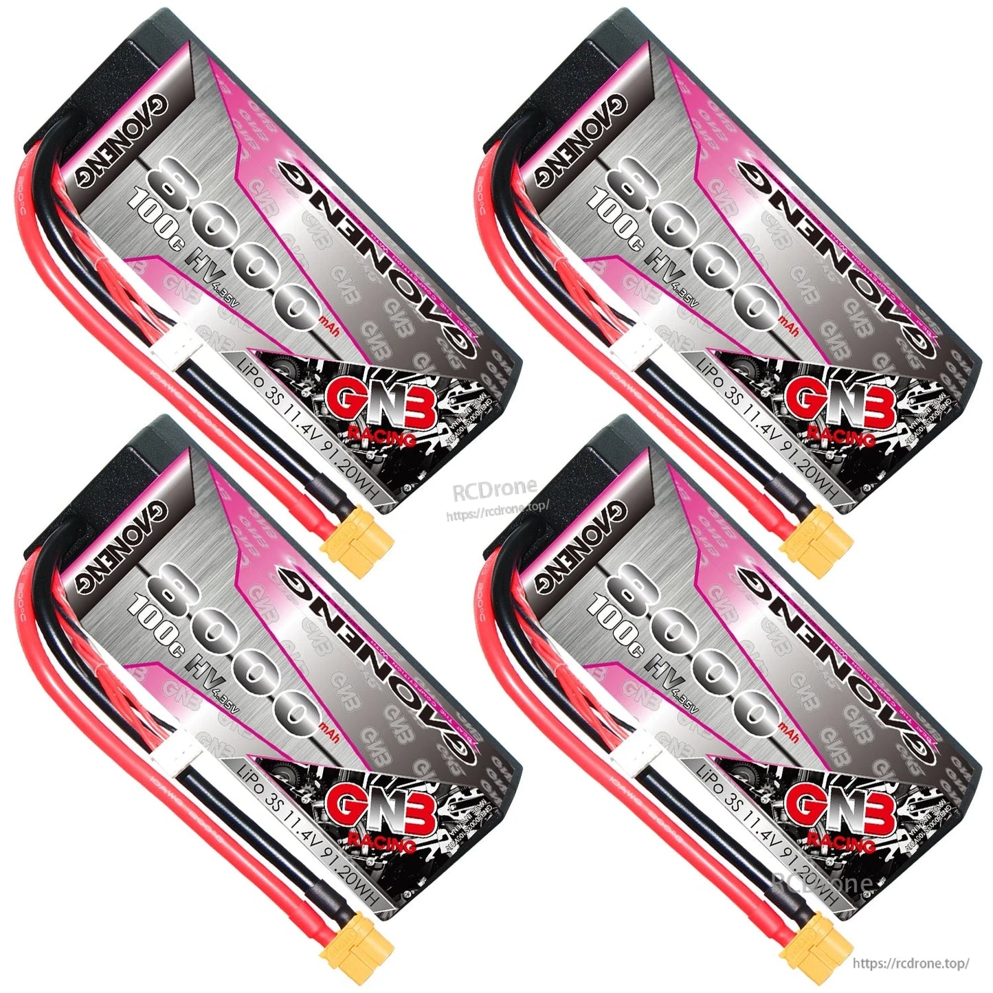 Four GAONENG GNB 8000mAh 3S LiHV hard case batteries shown at angles with XT60 leads